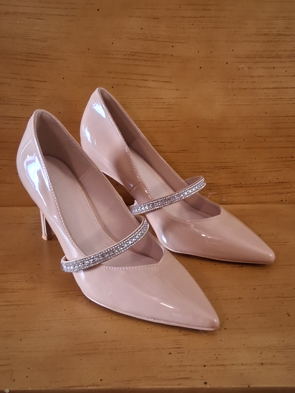 Patent Nude Pointed-Toe Heels with Crystal Strap